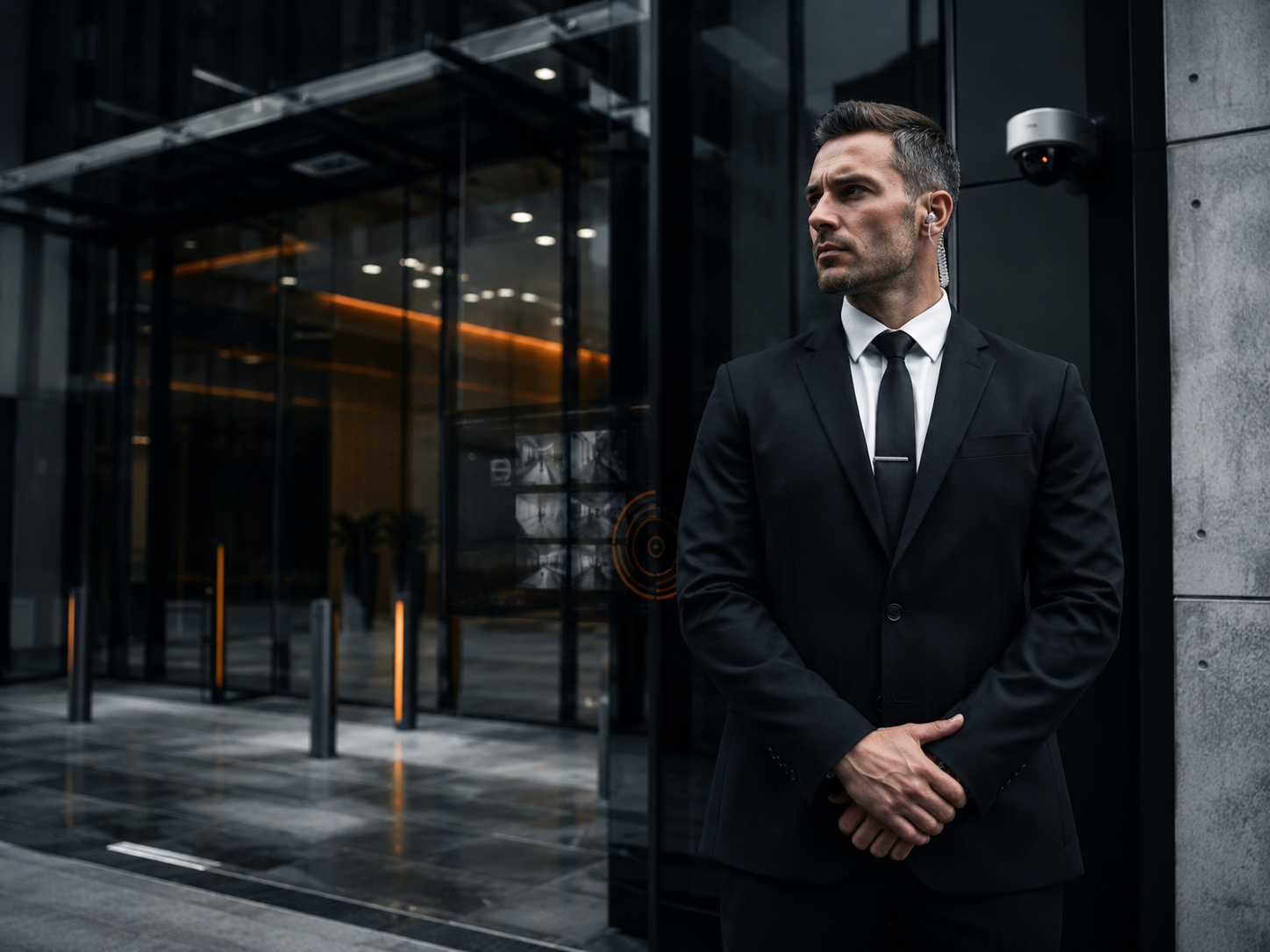 Guardia de seguridad profesional en acceso corporativo moderno